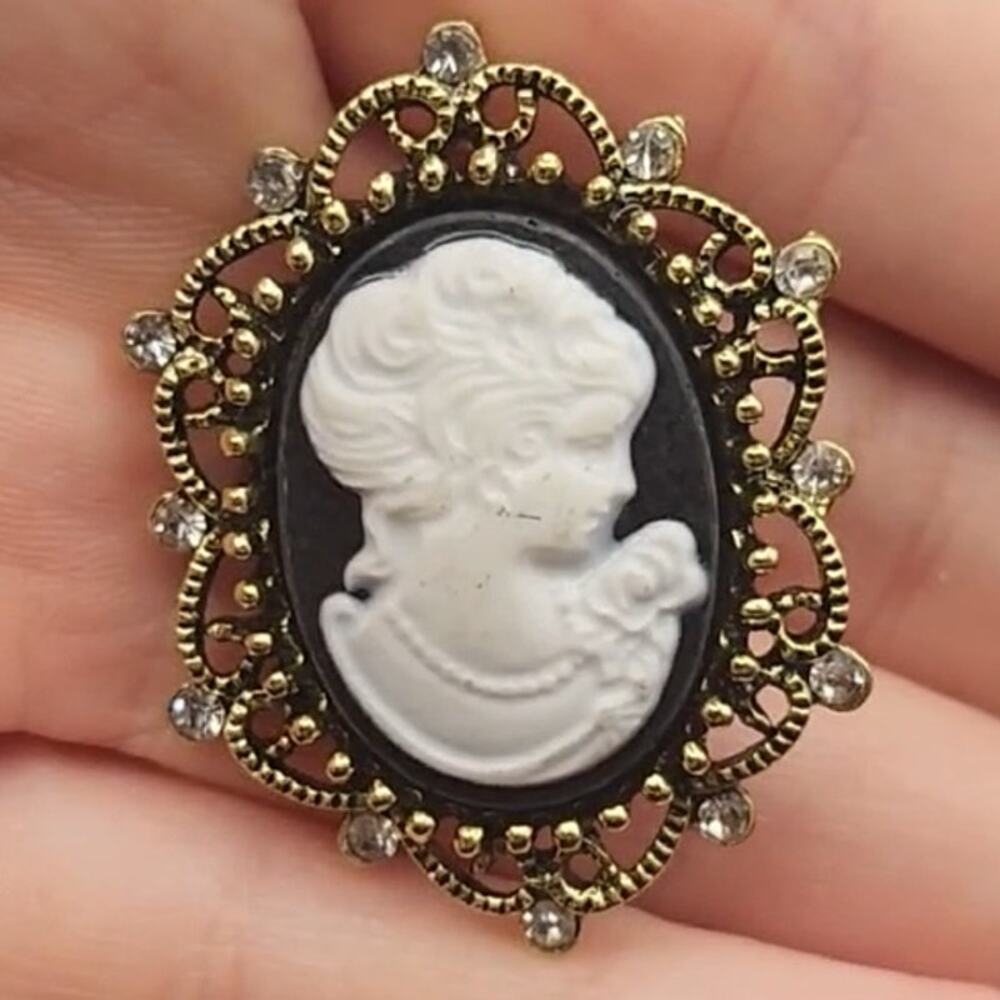 Classic Cameo Brooch White on Black Gold Filigree Frame Smaller Size